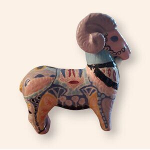 Vintage Ram Figurine Ceramic Ornate Etched Pastel Farm Animal Statue Retro